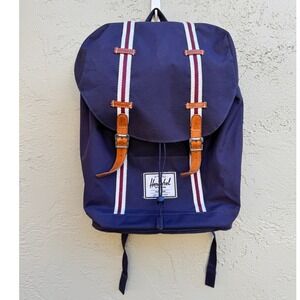 Herschel Supply Backpack Bag Blue Stripe Leather Trim Travel School Career